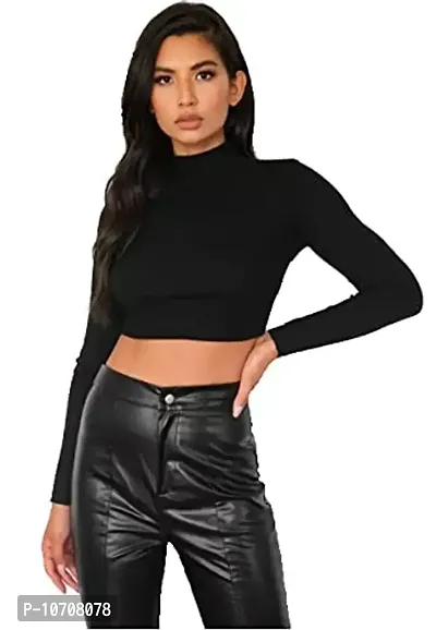 PRITHS Blue Rib high Neck Full Sleeve Crop Top (S)