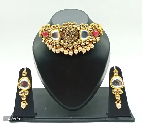 Gold Plated Round Kundan Triangle Golden and Red Choker Set-thumb0