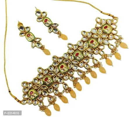 Gold Tone Kundan  Dangling Peach Beads Choker  Set-thumb0