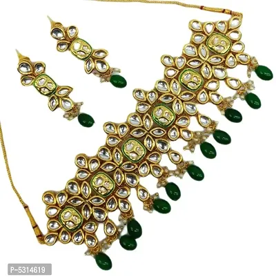 Gold Tone Kundan  Dangling Green Beads Choker Set