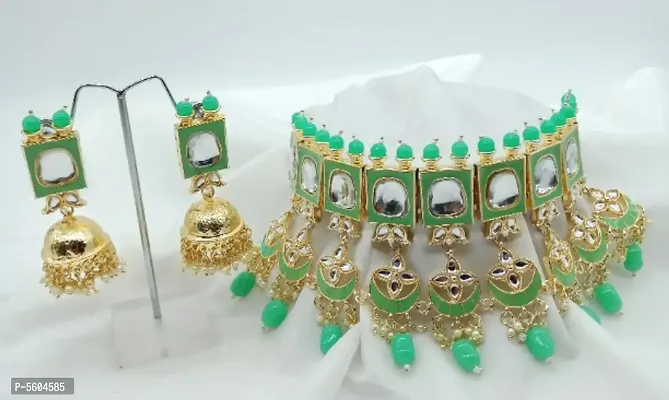 New DesignersPremium Quality Kundan Stone  Green Meena Work Choker Set `-thumb0