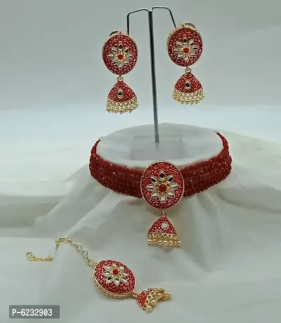 Red crystal and meeno with kundan choker set-thumb0