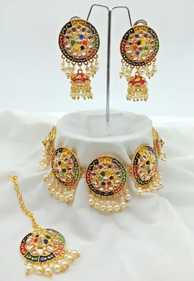 Alloy Mirror Kundan Pearl Jewellery Set