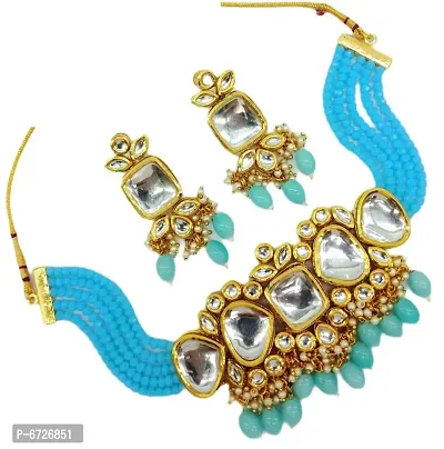 Modern Blue Alloy Kundan Mino Jewellery Set