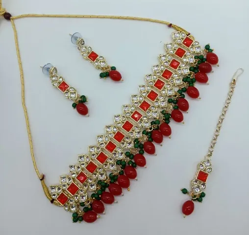 Partywear Alloy Crystal Necklace Set with Maangtikka