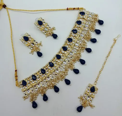 Partywear Alloy Gold Plated Necklace Set with Maangtikka