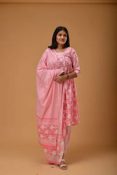 Stylish Cotton Kurta With Bottom And Dupatta Set