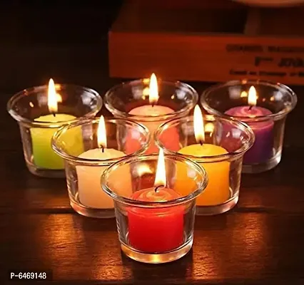 Glass Tealight / Votive Candle Holders for Home Decoration, Diwali, Wedding, Birthday, Christmas and Special Events - Set of 6 (Including 6 Tealight Candles)