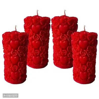 Designer Romantic Rose Scented Pillar Heart Candles For Home Decor, Valentine Day, Wedding, Anniversary and Special Parties - Set of 4