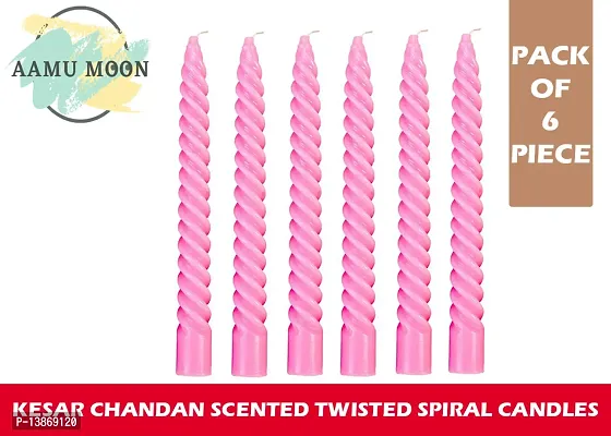 AAMU MOON Pink Colour Kesar Chandan Scented Spiral Twisted Candles, Stick Candles, Taper Candles For Special Parties, Diwali, Christmas and Home Decoration - Set of 6 Piece (Pink, Kesar Chandan)