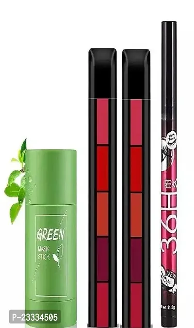 Delicate Green Mask Stick For Face + Set Of 2 - 5 Steps Multicolor Lipstick + Waterproof Lash Eyeliner (Combo 4)