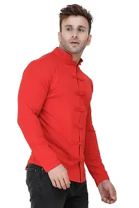 Men's Self Pattern Cotton Red Mandarin Tees-thumb2