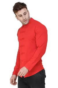 Men's Self Pattern Cotton Red Mandarin Tees-thumb1