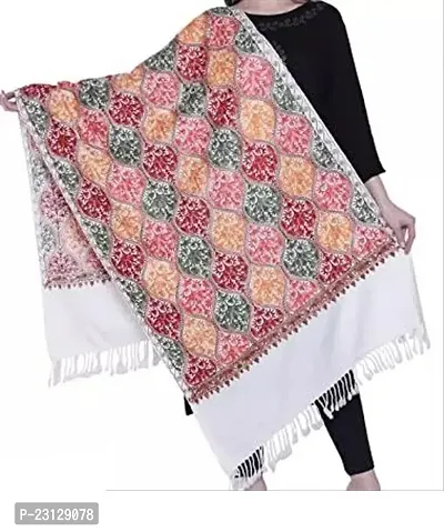Kashmir Embroidered Poly Acralic Wool 28X80 Traditional Ari Embroidery Shawl Stoles for Women Ladies Girls white-thumb0