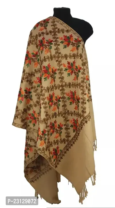 Kashmir Embroidered Poly Acralic Wool 28X80 Traditional Ari Embroidery Shawl Stoles for Women Ladies Girls Beige