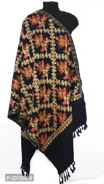 Kashmir Embroidered Poly Acralic Wool 28X80 Traditional Ari Embroidery Shawl Stoles for Women Ladies Girls Black-thumb0
