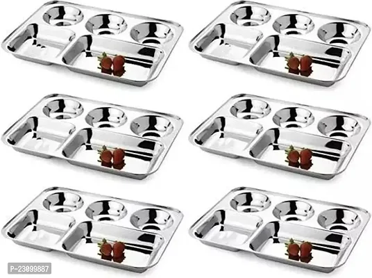Stainless Steel Lunch Dinner Plate Bhojan Thali 5 in 1 Compartments with Mirror Finish Floral Laser Design in All compartments Set of 6 Pcs