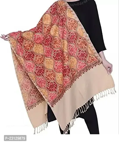 Kashmir Embroidered Poly Acralic Wool 28X80 Traditional Ari Embroidery Shawl Stoles for Women Ladies Girls Beige-thumb0