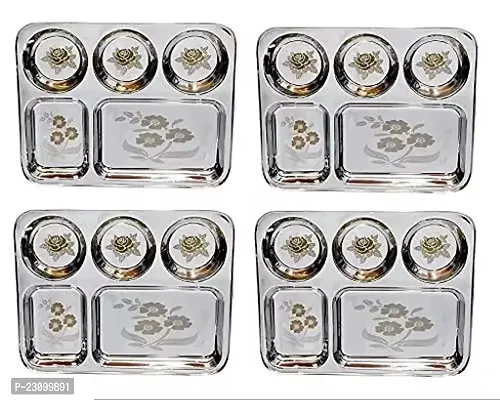 Stainless Steel Lunch Dinner Plate Bhojan Thali 5 in 1 Compartments with Mirror Finish Floral Laser Design in All compartments