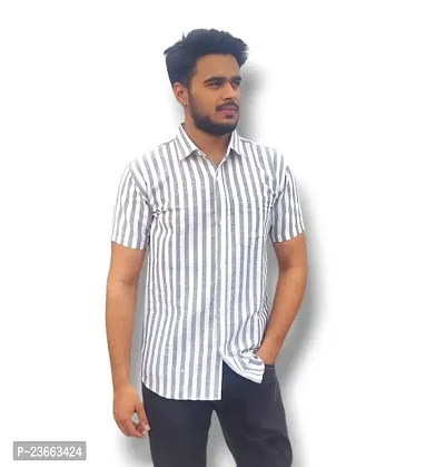 Elegant Khadi Cotton Striped Short Sleeves Casual Shirts For Men-thumb0