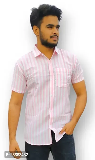 Elegant Khadi Cotton Striped Short Sleeves Casual Shirts For Men-thumb0