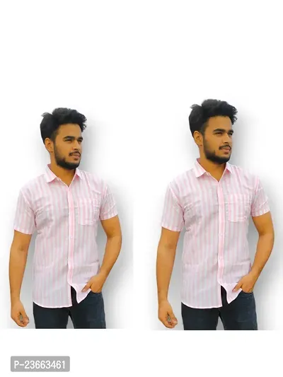 Elegant Khadi Cotton Striped Short Sleeves Casual Shirts For Men-thumb0