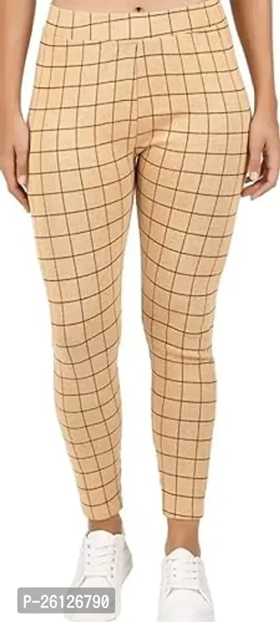 Stylish Beige Cotton Blend Checked Jeggings For Women-thumb0