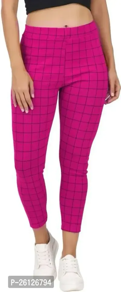Stylish Pink Cotton Blend Checked Jeggings For Women-thumb0