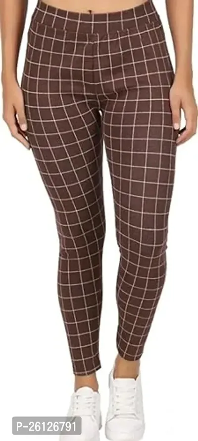Stylish Brown Cotton Blend Checked Jeggings For Women