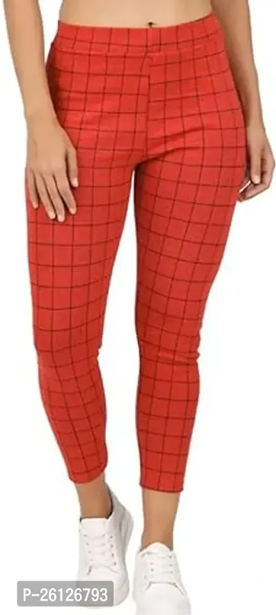 Stylish Red Cotton Blend Checked Jeggings For Women-thumb0