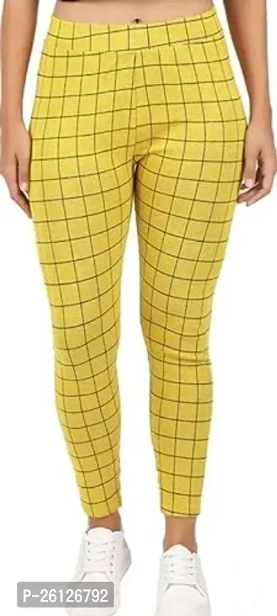 Stylish Yellow Cotton Blend Checked Jeggings For Women