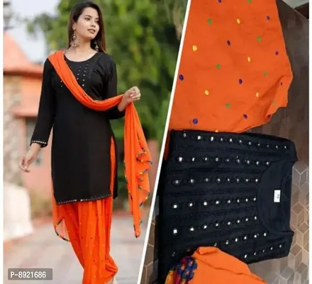 Elegant Cotton Mirror Work Kurta Patiala With Dupatta Set For Women-thumb0