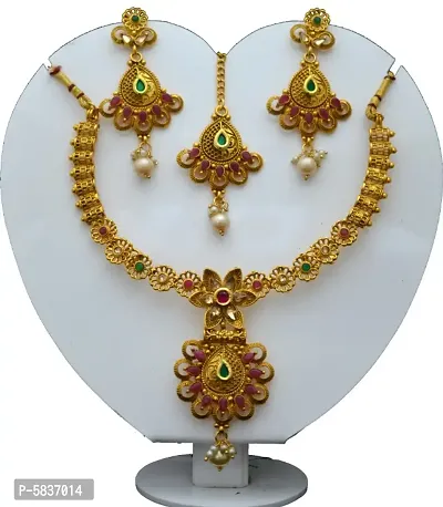imitation copper material beautiful jewelery set with earrings and mangtikka for women and girls-thumb0
