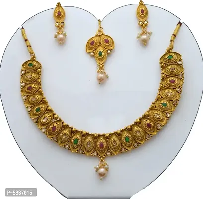 imitation copper material beautiful jewelery set with earrings and mangtikka for women and girls-thumb0