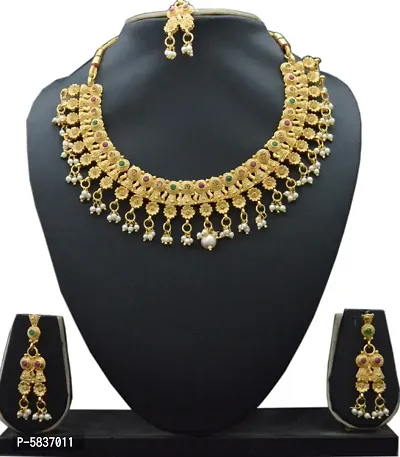 imitation copper material beautiful jewelery set with earrings and mangtikka for women and girls-thumb2