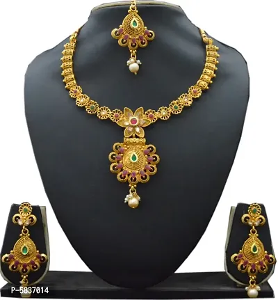 imitation copper material beautiful jewelery set with earrings and mangtikka for women and girls-thumb2