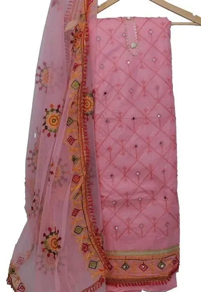 Beautiful Embroidered Checked Dress Material with Dupatta For Women