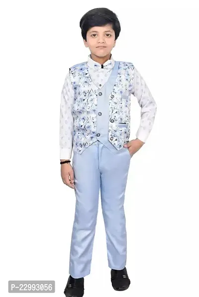 Trendy Boys Blue Clothing Set: 3 Piece Suit Set With Cotton Shirt, Pant, Waistcoat For Boys