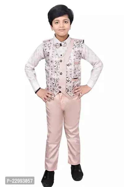 Trendy Boys Pink Clothing Set: 3 Piece Suit Set With Cotton Shirt, Pant, Waistcoat For Boys