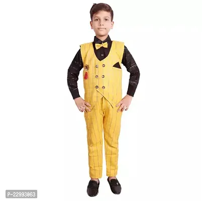 Trendy Perfecto Ethnic/ Kids Wear Clothing Set: 3 Piece Suit Set With Cotton Shirt, Pant, Waistcoat For Boys (Article No. 698), Color-Yellow