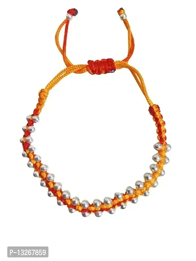 Lumen Latest Sylish Yellow And Red Mix Colour Thread With Silver Beads Bracelet For Womens And Girls.