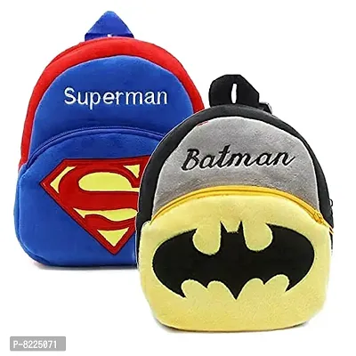 Superman  Batman Combo School Cartoon Bag, Soft Material Plus Backpack Childrens Gifts Boy/Girl/Baby School Bag For Kids, (Age 2 to 6 Year) School Bag (Pack of 2)-thumb0