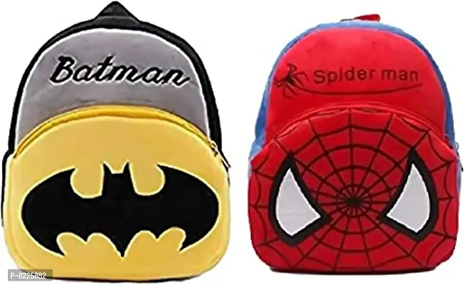 Batman  Spiderman Combo School Cartoon Bag, Soft Material Plus Backpack Childrens Gifts Boy/Girl/Baby School Bag For Kids, (Age 2 to 6 Year) School Bag (Pack of 2)-thumb0