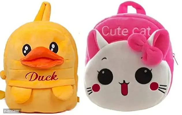 Duck  Cute Cat Combo School Cartoon Bag, Soft Material Plus Backpack Childrens Gifts Boy/Girl/Baby School Bag For Kids, (Age 2 to 6 Year) School Bag (Pack of 2)-thumb0