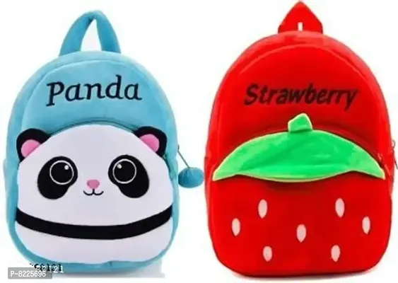 Panda Blue  Strawberry Combo School Cartoon Bag, Soft Material Plus Backpack Childrens Gifts Boy/Girl/Baby School Bag For Kids, (Age 2 to 6 Year) School Bag (Pack of 2)-thumb0
