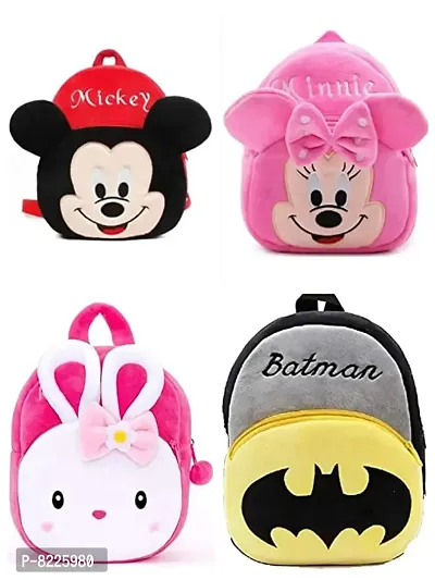 Mickey, Minnie Pink, Konggi Rabbit  Batman Combo School Cartoon Bag, Soft Material Plus Backpack Childrens Gifts Boy/Girl/Baby School Bag For Kids, (Age 2 to 6 Year) School Bag (Pack of 4)
