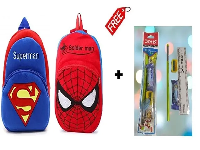 Classy Printed Kids School Bags with Pencil, Eraser, Sharpener and Scale, Pack of 2