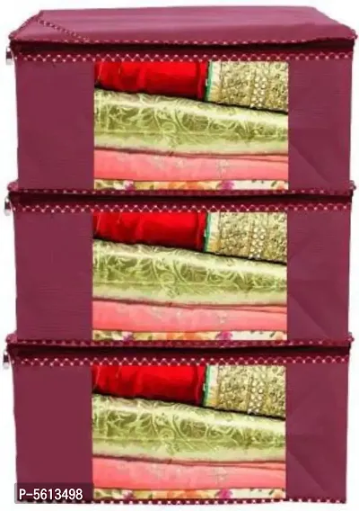 Sh nasima Designer Non Woven Fabric 03 Piece Saree Cover Large Storage Bags, Cloth Organizer with Transparent Window (MAROON)  pack of 3