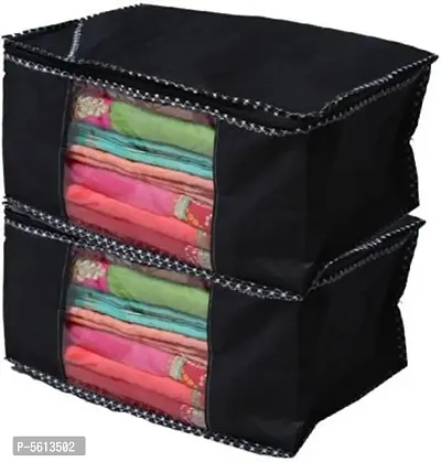 Designer Non Woven Fabric 02 Piece Saree Cover Large Storage Bags, Cloth Organizer with Transparent Window (Black) of 2-thumb0