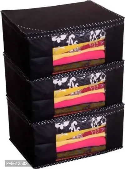 Designer Non Woven Fabric 03 Piece Saree Cover Large Storage Bags, Cloth Organizer with Transparent Window (black) pack of 3